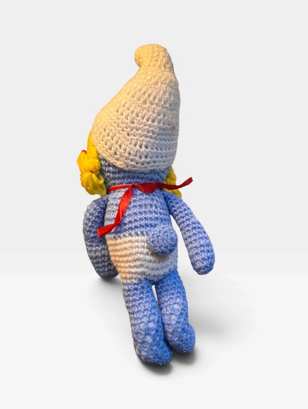 Vintage Handmade Crochet Girl Doll Smurfette Inspired Yarn Plush 15” Folk Art